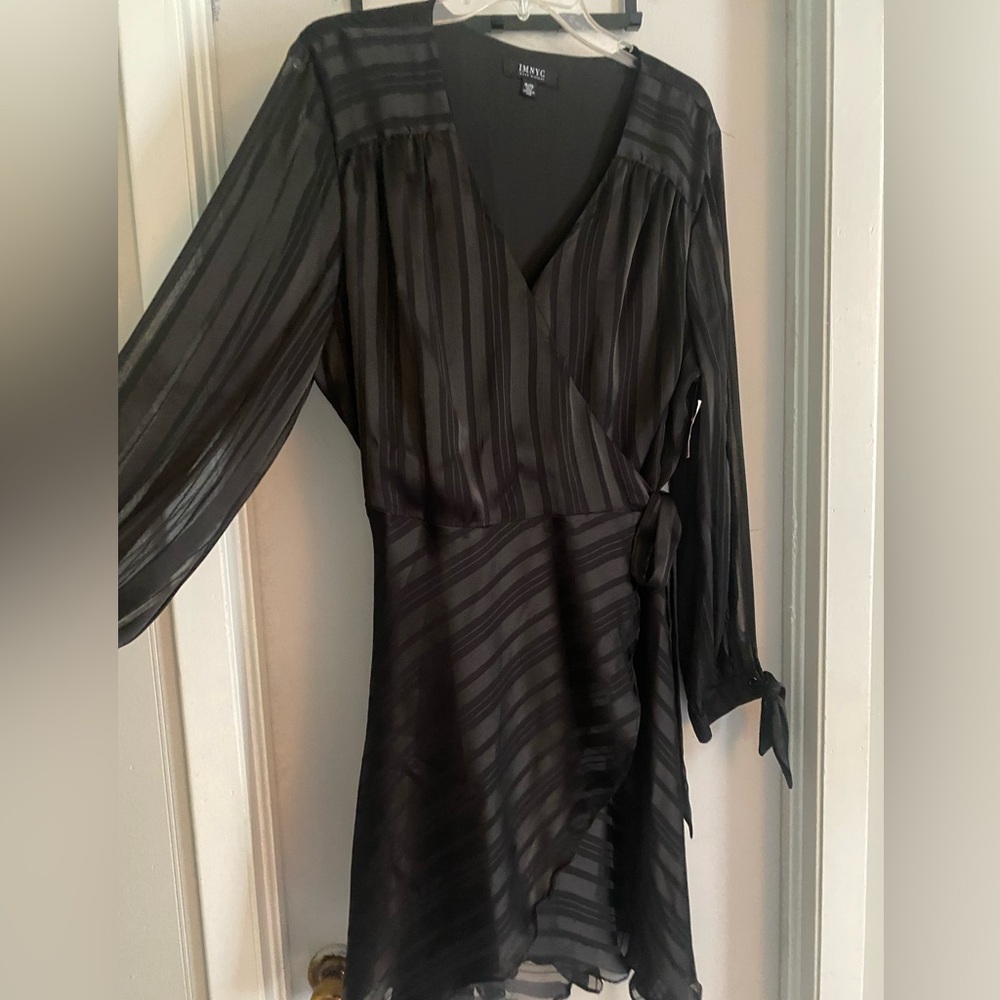 Isaac Mizrahi Black Pleated Wrap Dress with Bishop Sleeves